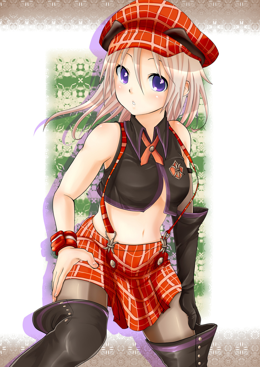 absurdres alisa_ilinichina_amiella black_footwear black_legwear blue_eyes boots breasts cabbie_hat close-up elbow_gloves fingerless_gloves gloves god_eater god_eater_burst hat highres konten long_hair medium_breasts midriff navel pantyhose silver_hair skirt solo suspender_skirt suspenders thigh_boots thighhighs