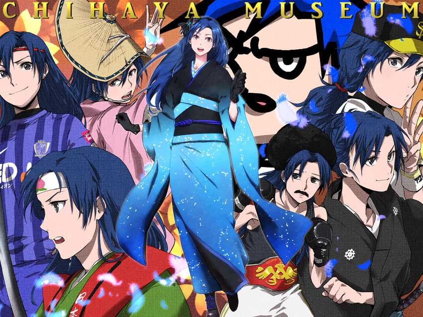 baseball_cap baseball_uniform blue_eyes blue_hair boxing_gloves ckb-fue-txt cosplay furisode gloves hair_ornament hat headband highres idolmaster idolmaster_(classic) j._league japanese_clothes kimono kisaragi_chihaya long_hair momotarou momotarou_(character) momotarou_(character)_(cosplay) multiple_girls obi open_mouth sanfrecce_hiroshima sash soccer_uniform sportswear