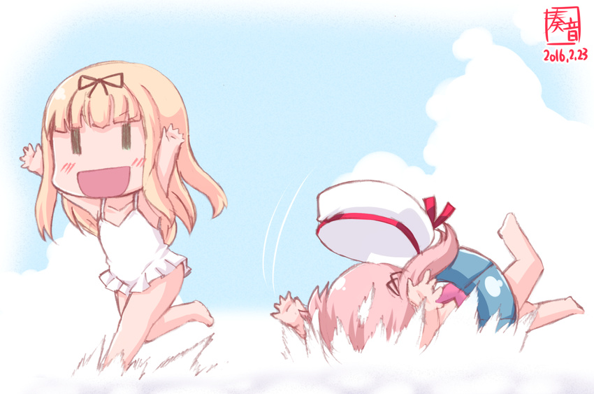 :d arms_up barefoot beret black_ribbon blonde_hair blue_sky blush chibi cloud commentary_request dated day faceplant falling hair_ribbon harusame_(kantai_collection) hat highres innertube kanon_(kurogane_knights) kantai_collection long_hair multiple_girls one-piece_swimsuit open_hands open_mouth pink_hair ribbon running side_ponytail sky smile straight_hair swimsuit white_swimsuit wide_face yuudachi_(kantai_collection) |_|