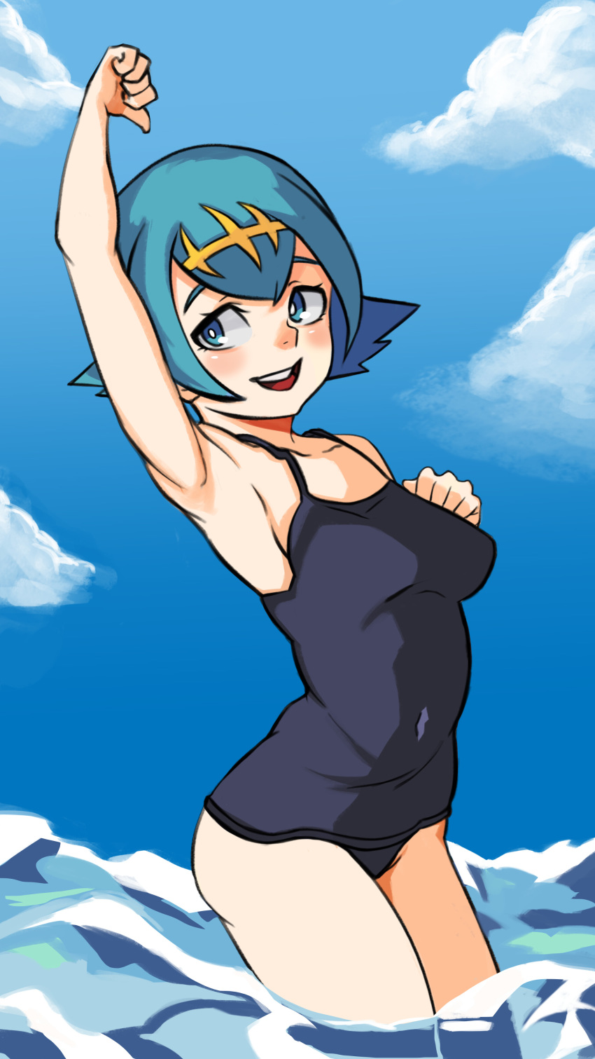 1girl arm_up armpits blue_eyes blue_hair blush breasts collarbone covered_navel creatures_(company) game_freak hair_ornament matching_hair/eyes medium_breasts nintendo ocean one-piece_swimsuit open_mouth partially_submerged pokemon pokemon_(game) pokemon_sm short_hair sky smile solo suiren_(pokemon) swimsuit upper_teeth