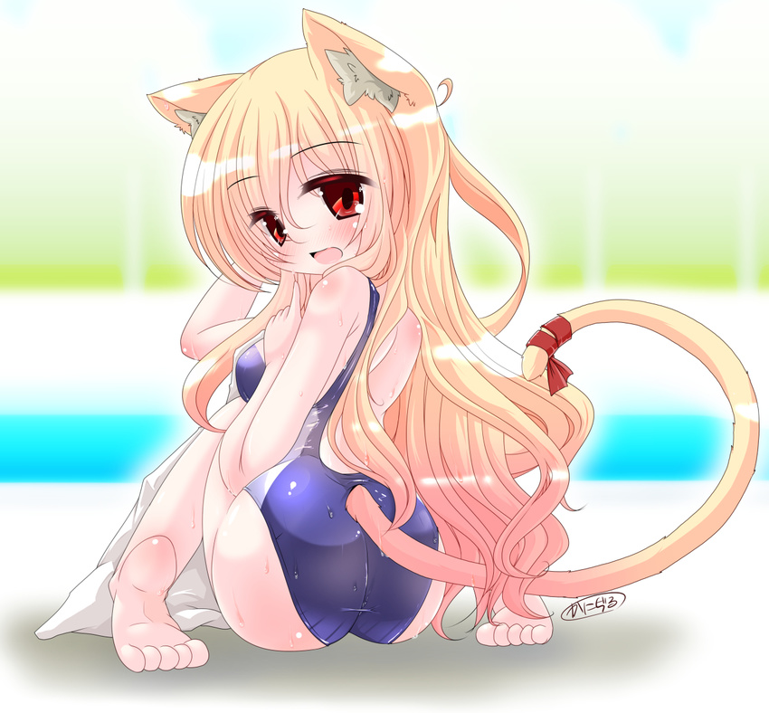 animal_ears ass barefoot blonde_hair blush cat_ears cat_tail competition_swimsuit from_behind kanijiru long_hair looking_back nyaa-san_(kanijiru) one-piece_swimsuit original red_eyes solo swimsuit tail