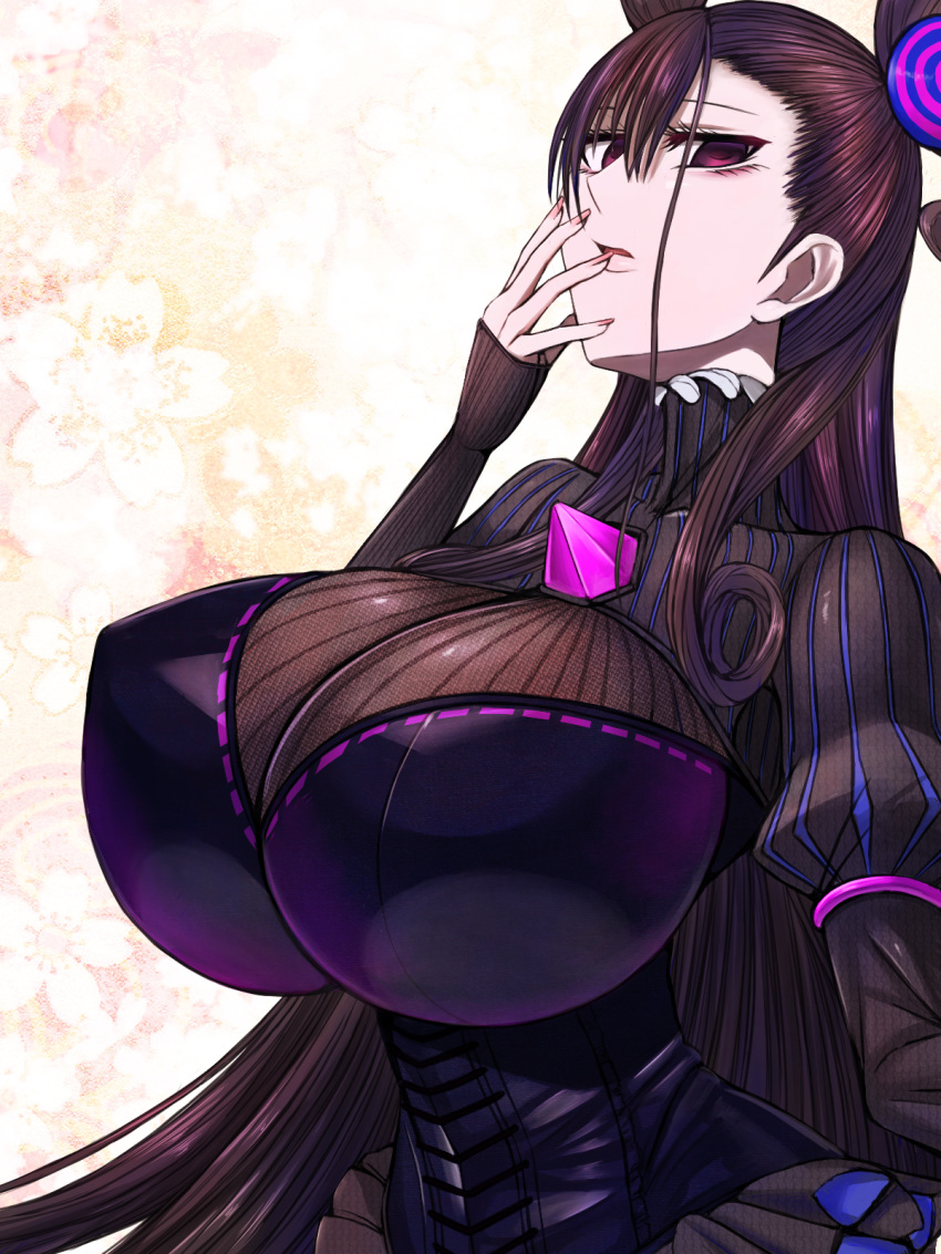 1girl aebafuti bangs breasts brown_hair covering_mouth curly_hair curvy double_bun dress empty_eyes erect_nipples fate/grand_order fate_(series) floral_print frills gem hand_over_own_mouth highres huge_breasts impossible_clothes impossible_dress long_hair long_sleeves looking_at_viewer murasaki_shikibu_(fate) nail_polish open_mouth puffy_sleeves purple_dress purple_eyes simple_background solo striped striped_clothes striped_dress turtleneck very_long_hair