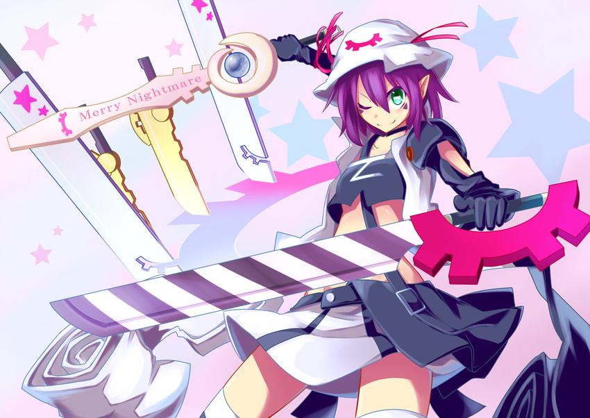 &gt;:) ;) adapted_object advent_cirno character_name creator_connection crop_top dual_wielding facial_mark gloves green_eyes hat hat_ribbon holding magarikado merry_nightmare midriff one_eye_closed parody pointy_ears purple_hair ribbon robe short_hair smile solo star starry_background sword v-shaped_eyebrows weapon yumekui_merry