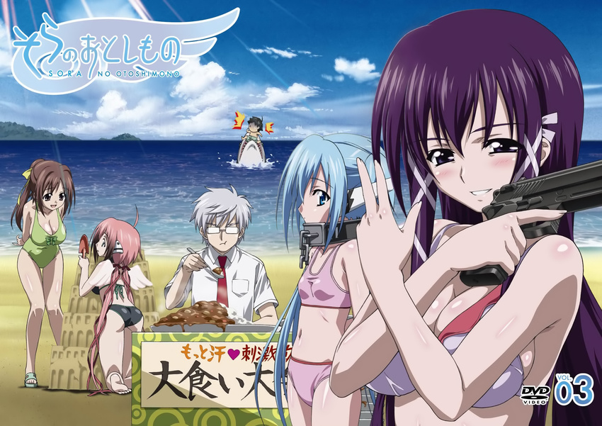 4girls beach bikini blue_hair blush bra breasts brown_hair collar highres ikaros legs lingerie long_hair mitsuki_sohara multiple_girls nymph_(sora_no_otoshimono) purple_hair satsukitane_mikako scan sora_no_otoshimono swimsuit underwear