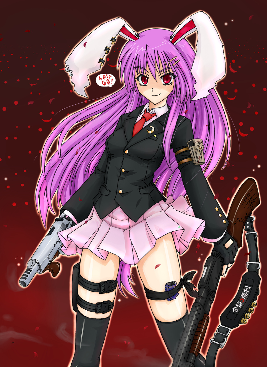 animal_ears bandana black_legwear blazer bullet bunny_ears compensator ear_piercing english fingerless_gloves gloves gun handgun heatshield highres holster jacket jewelry long_hair mickey_dunn moon necktie piercing purple_hair red_eyes red_neckwear reisen_udongein_inaba shotgun shotgun_shells skirt smile solo thigh_holster thigh_strap thighhighs touhou vertical_foregrip weapon