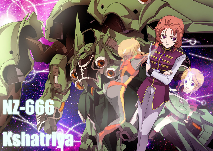 ass bad_id bad_pixiv_id blonde_hair crossed_arms elpeo_puru ghost gundam gundam_unicorn gundam_zz hand_on_shoulder kshatriya leizero marida_cruz mecha military military_uniform multiple_girls orange_hair pilot_suit purple_eyes puru_two space uniform