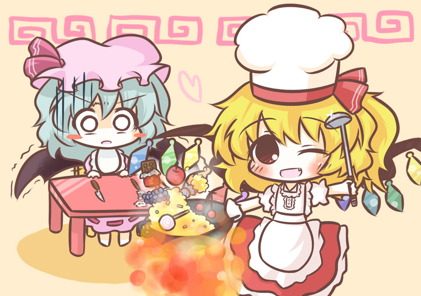 :o ;d adapted_costume apple apron bad_id bad_pixiv_id bat_wings blonde_hair blue_hair blush blush_stickers candy chair chef_hat cherry chibi chocolate chocolate_bar cooking fang fire flame flandre_scarlet food fork fruit gloom_(expression) grapes happy hat heart knife ladle lollipop meandros mob_cap multiple_girls o_o one_eye_closed open_mouth oven_mitts red_eyes remilia_scarlet ribbon short_hair siblings side_ponytail sisters sitting smile south114 table toque_blanche touhou trembling turn_pale wings wok