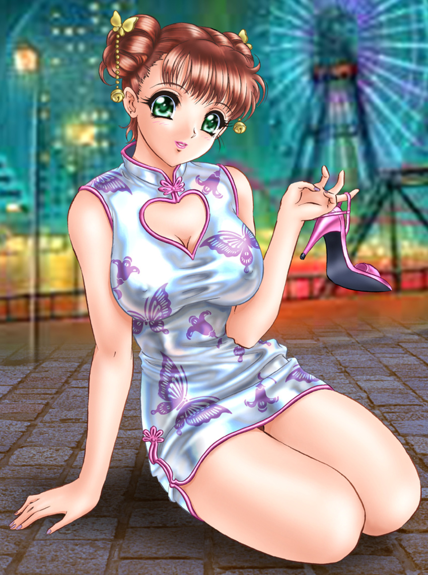 breasts brown_hair china_dress chinese_clothes cleavage double_bun dress green_eyes high_heels highres large_breasts mon_mon shoes solo thighs