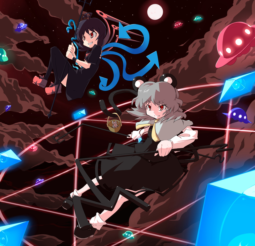 aho animal_ears basket black_hair black_legwear grey_hair highres houjuu_nue jewelry mouse mouse_ears mouse_tail multiple_girls nazrin pendant red_eyes short_hair snake tail thighhighs touhou ufo weapon wings zettai_ryouiki