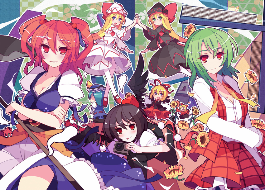 :p ascot black_wings blue_eyes breasts camera cleavage comb dress dual_persona flower green_eyes green_hair hair_bobbles hair_ornament hat hat_ribbon highres hitodama ideolo kazami_yuuka large_breasts lily_black lily_white medicine_melancholy multiple_girls onozuka_komachi phantasmagoria_of_flower_view plaid plaid_skirt plaid_vest red_eyes ribbon scythe shameimaru_aya shiki_eiki skirt skirt_set smile spider_lily su-san sunflower tokin_hat tongue tongue_out touhou untied vest wings