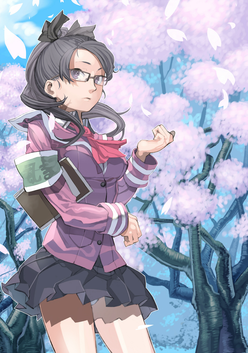 armband black_hair cherry_blossoms glasses highres kurumayama original petals purple_eyes school_uniform skirt solo