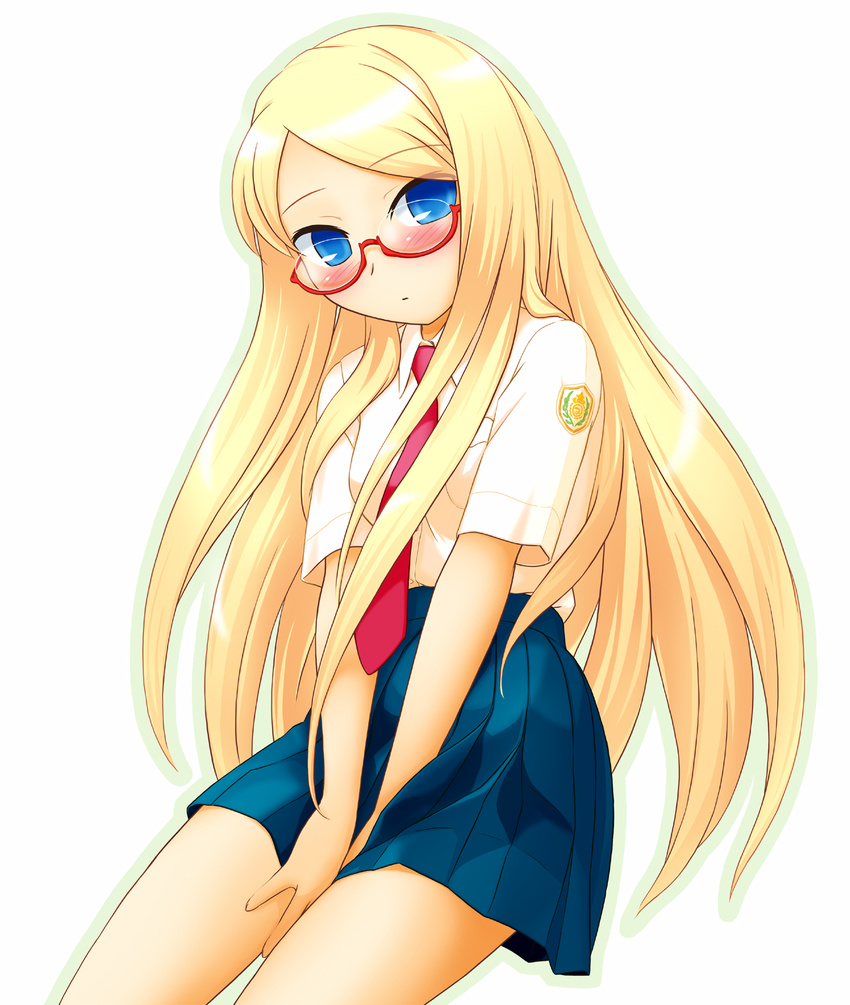 akatsuki_(akatsukishiki) blonde_hair blue_eyes blush copyright_request glasses highres long_hair necktie school_uniform solo