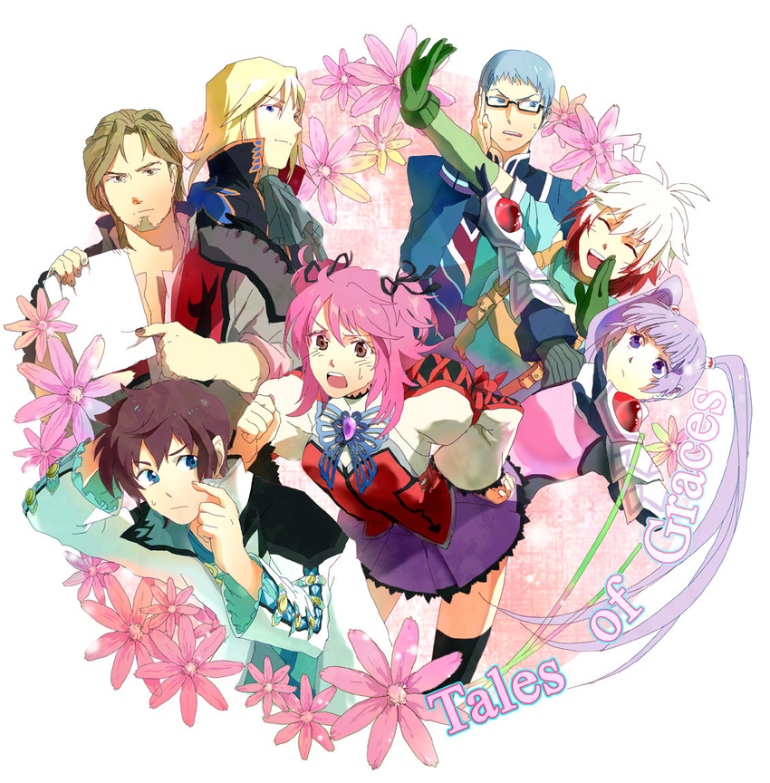 4boys asbel_lhant bad_id bad_pixiv_id blonde_hair blue_hair brown_hair cheria_barnes copyright_name flower glasses hubert_ozwell malik_caesars multicolored_hair multiple_boys multiple_girls pascal pink_hair purple_hair purple_skirt red_hair richard_(tales) skirt sophie_(tales) tales_of_(series) tales_of_graces twintails two-tone_hair two_side_up white_hair yubari