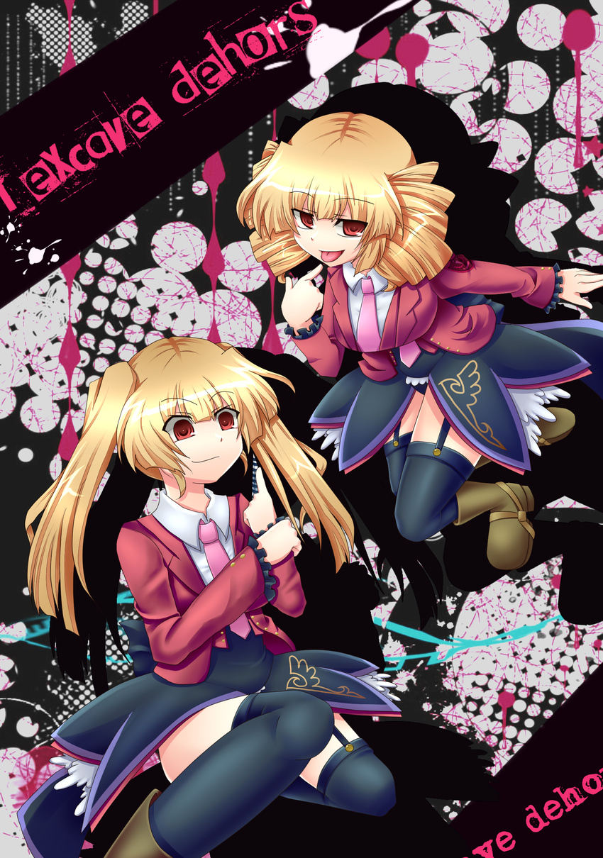 asmodeus bad_id bad_pixiv_id beelzebub blonde_hair drill_hair highres mei_(jewel_at_time) multiple_girls necktie pink_neckwear red_eyes skirt stakes_of_purgatory thighhighs twintails umineko_no_naku_koro_ni vest