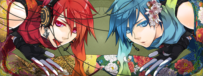 akaito bad_id bad_pixiv_id bitte blue_eyes blue_hair blue_scarf fingerless_gloves floral_print flower gloves hair_flower hair_ornament headphones headset highres kaito long_image male_focus multiple_boys open_mouth orchid peony_(flower) polar_opposites red_eyes red_hair red_scarf scarf symmetry tongue vocaloid wide_image