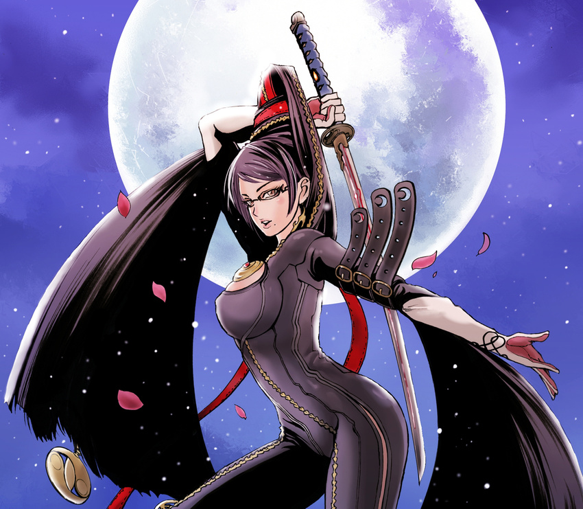 1girl bayonetta bayonetta_(character) beauty_mark black_hair bodysuit breasts brown_eyes earrings female glasses h?y?d hair_bun hãƒ»yãƒ»d hç¹ï½»yç¹ï½»d héƒ¢æ™¢ï½½ï½»yéƒ¢æ™¢ï½½ï½»d jewelry katana long_hair mole moon night outdoors red_ribbon ribbon sky solo sword weapon