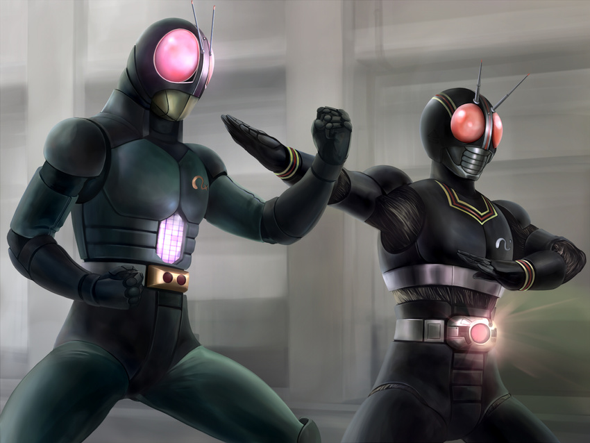 antennae belt glowing glowing_eyes highres kamen_rider kamen_rider_black kamen_rider_black_(series) kamen_rider_black_rx kamen_rider_black_rx_(series) kamen_rider_dcd multiple_boys pose sei_mon time_paradox