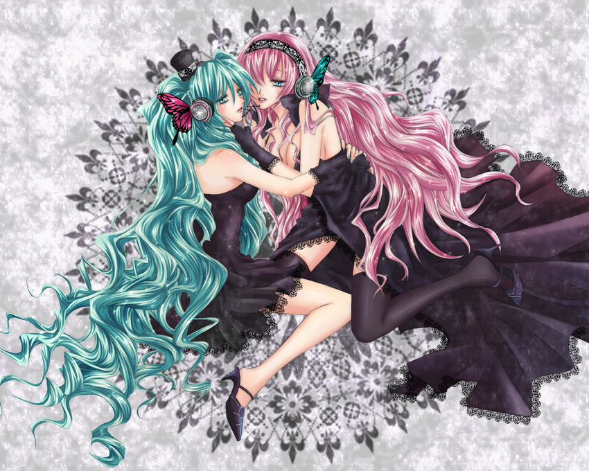 aqua_eyes aqua_hair butterfly_hair_ornament butterfly_wings dress fingerless_gloves gloves hair_ornament hat hatsune_miku headphones headset high_heels highres long_hair magnet_(vocaloid) megurine_luka mini_hat mini_top_hat mizuiro_tomato multiple_girls pink_hair shoes thighhighs top_hat twintails very_long_hair vocaloid wings yuri