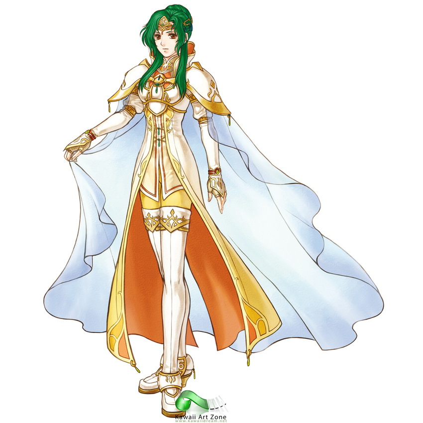 armor boots brown_eyes cape duplicate elincia_ridell_crimea fingerless_gloves fire_emblem fire_emblem:_akatsuki_no_megami gloves green_hair hair_bun hair_up highres official_art thigh_boots thighhighs tiara watermark