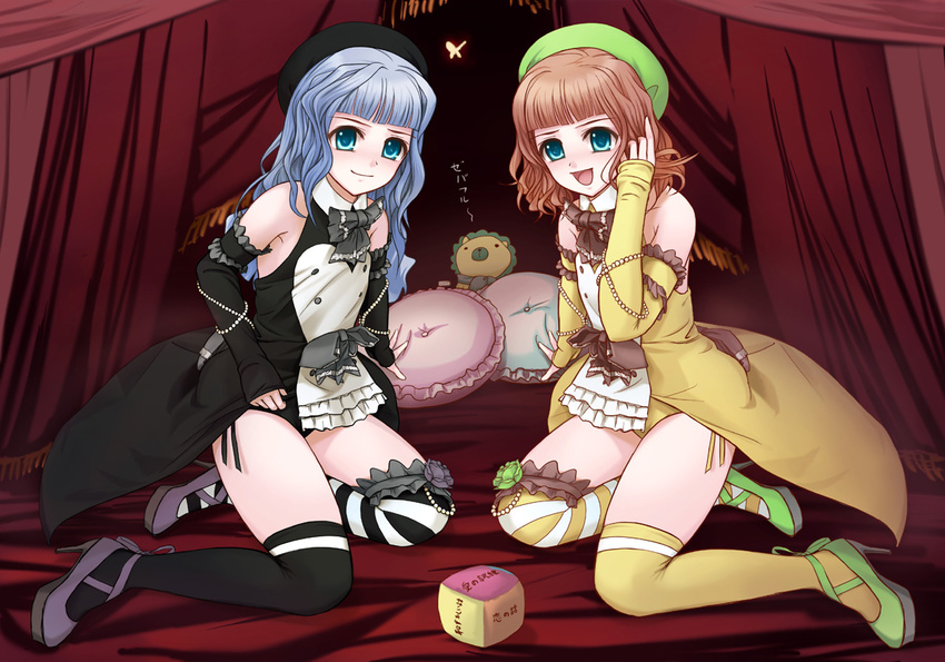 1girl black_legwear blue_hair bow brown_bow bug butterfly elbow_gloves eri_(artist) flower frills furfur gloves green_flower green_rose hat insect legs mismatched_legwear orange_hair otoko_no_ko purple_flower purple_rose rose sakutarou striped striped_legwear symmetry thighhighs umineko_no_naku_koro_ni yellow_legwear zepar