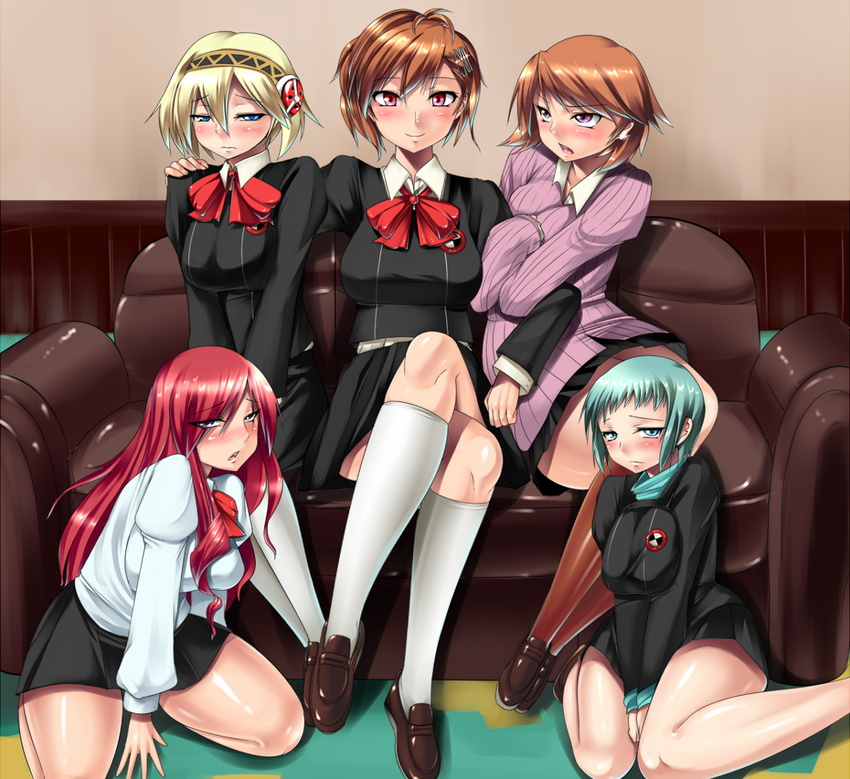 aegis_(persona) aqua_eyes aqua_hair blonde_hair blue_eyes blush breasts brown_hair crossed_legs female_protagonist_(persona_3) hair_ornament hairclip harem kirijou_mitsuru large_breasts long_hair medium_breasts multiple_girls no_legwear persona persona_3 persona_3_portable pimp pink_eyes red_hair ribbon short_hair sitting skirt smile takeba_yukari wariza yamagishi_fuuka yuri zion