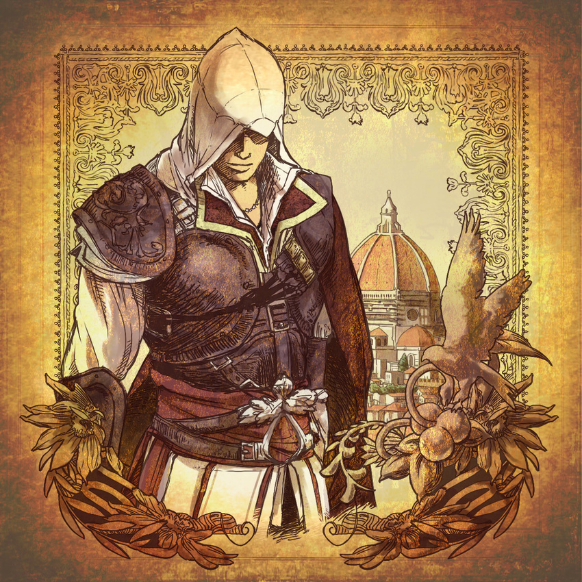 assassin's_creed_(series) assassin's_creed_ii cape ezio_auditore_da_firenze highres hinoe_(dd_works) hood jewelry male_focus necklace smile solo vambraces