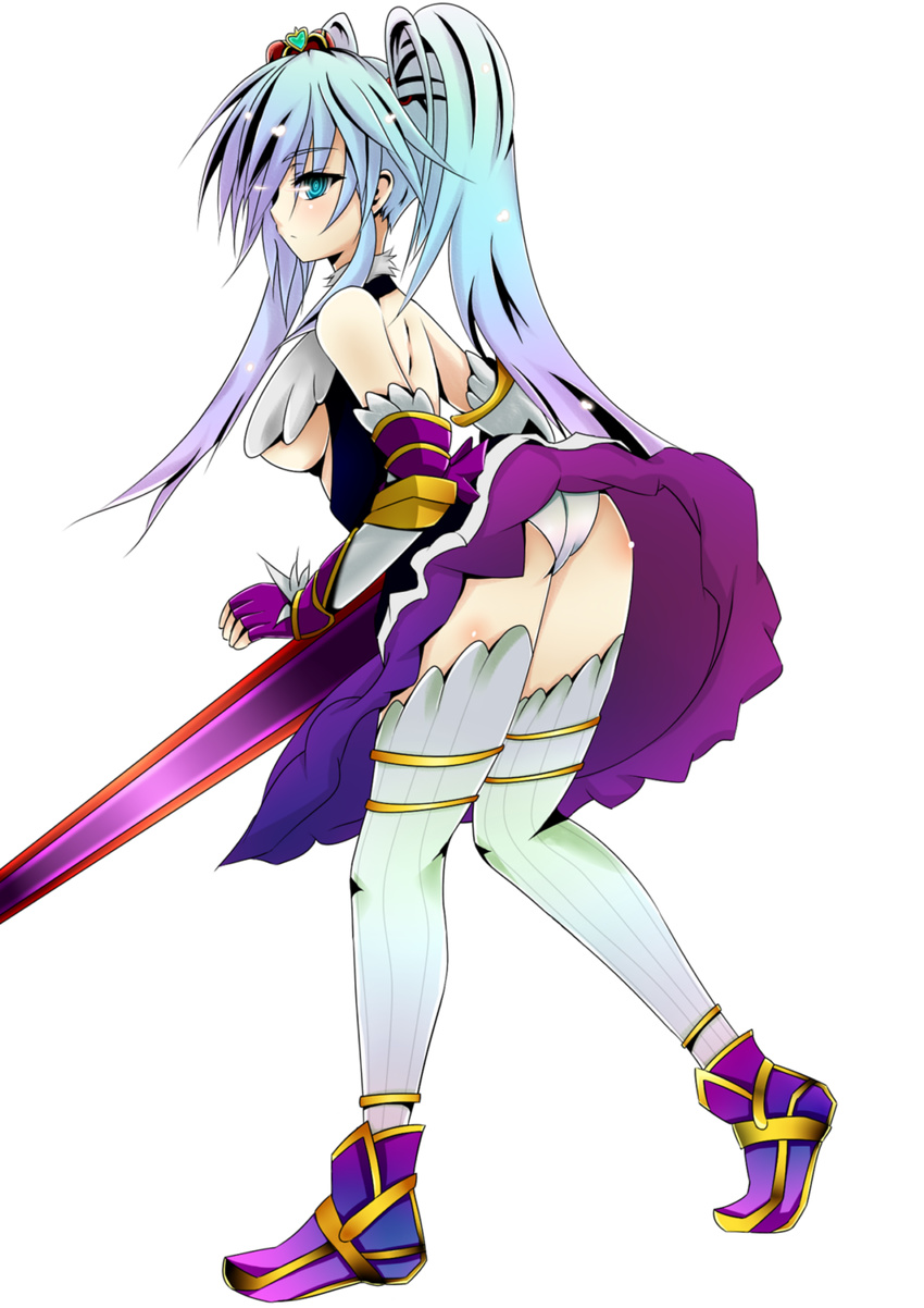 ass awakening_(sennen_sensou_aigis) backless_dress backless_outfit blue_eyes breasts crown dress fingerless_gloves full_body gloves highres large_breasts perfect_crime02 purple_footwear purple_skirt sennen_sensou_aigis shoes skirt solo standing sword sybilla twintails underboob underwear vambraces weapon white_background white_hair white_legwear