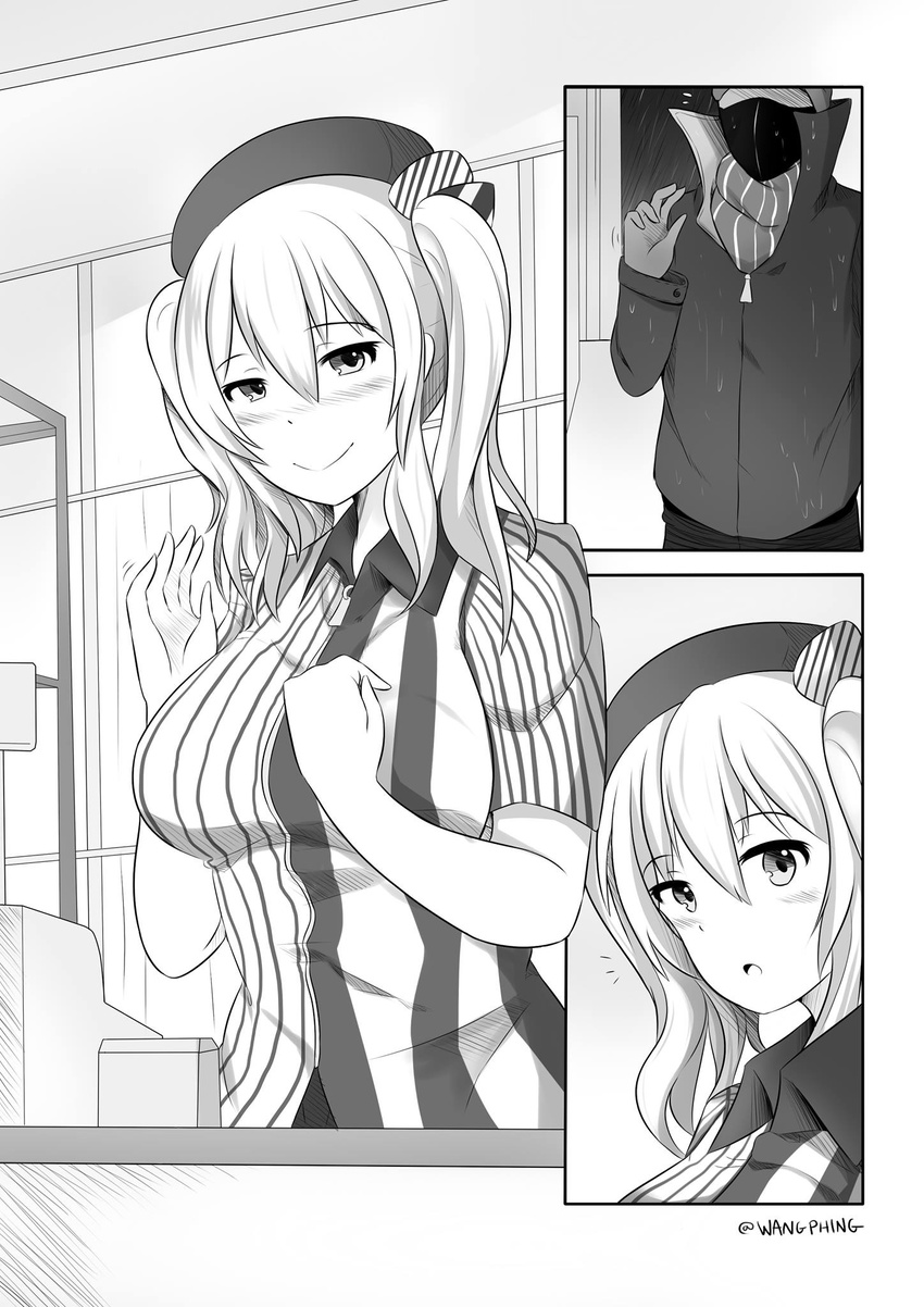 1girl beret blush breasts c: cash_register cashier comic commentary convenience_store employee_uniform english_commentary face_mask greyscale hat highres jacket kantai_collection kashima_(kantai_collection) large_breasts lawson long_hair mask monochrome open_mouth rain robba-san_(wangphing) scarf shirt shop silent_comic striped striped_shirt twintails twitter_username uniform vertical_stripes wangphing waving wet wet_clothes