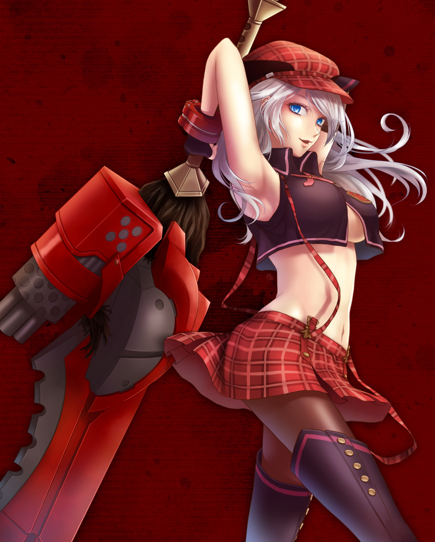 :d alisa_ilinichina_amiella amano_yoru armpits arms_up artist_name asymmetrical_gloves black_footwear black_legwear blonde_hair blue_eyes boots breasts brown_legwear buckle buttons cowboy_shot crop_top crop_top_overhang elbow_gloves fingerless_gloves flat_cap gatling_gun gloves god_eater god_eater_burst gun hat highres holding holding_sword holding_weapon huge_weapon large_breasts lips long_hair looking_at_viewer midriff navel open_mouth pantyhose plaid plaid_skirt red_background red_hat red_skirt signature simple_background skirt smile solo stomach suspender_skirt suspenders sword thigh_boots thighhighs tsurime underboob vest walking weapon wrist_cuffs