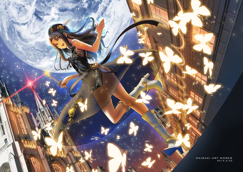black_hair boots brown_eyes bug butterfly castle crossdressing dated dress gankutsuou glowing hat high_heel_boots high_heels insect long_hair maisaki male_focus moon night night_sky open_mouth otoko_no_ko peppo sky smile solo white_footwear