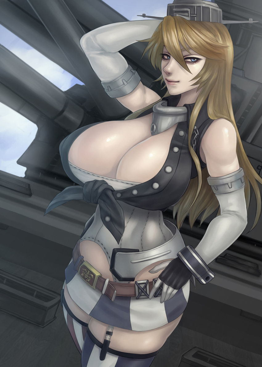 arm_up armor belt blonde_hair blue_eyes breasts cannon chain cleavage closed_mouth cowboy_shot eyelashes front-tie_top garter_straps gloves gorget hair_between_eyes headgear highres huge_breasts iowa_(kantai_collection) kantai_collection long_hair looking_at_viewer machinery miniskirt mismatched_legwear okai skirt smile solo stitches striped striped_legwear thighhighs unbuttoned vertical-striped_legwear vertical_stripes wrist_cuffs