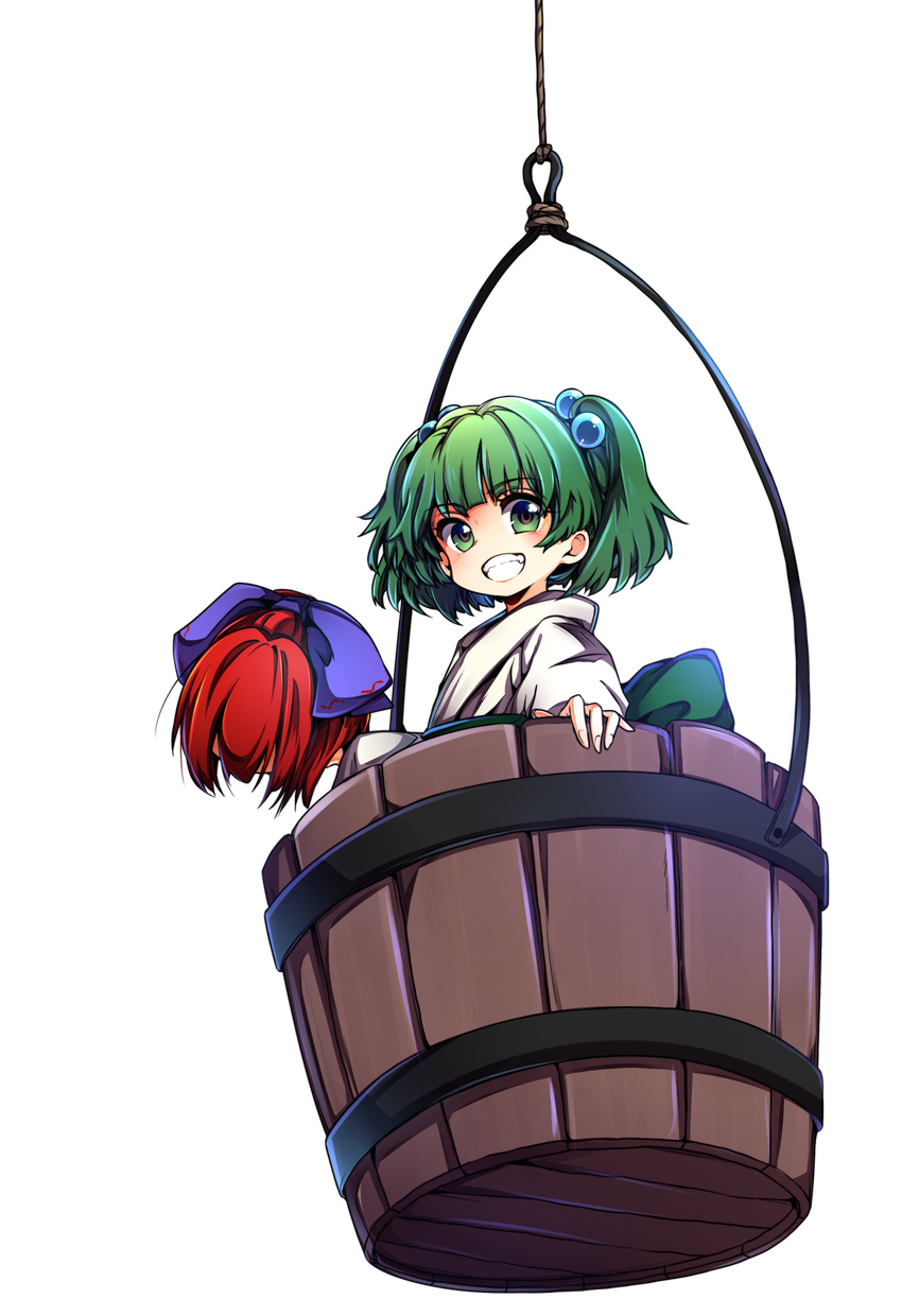 baba_(baba_seimaijo) bucket disembodied_head green_eyes green_hair grin hair_bobbles hair_ornament hair_ribbon highres in_bucket in_container japanese_clothes kimono kisume long_sleeves looking_at_viewer red_hair ribbon sash sekibanki short_hair smile tachi-e touhou transparent_background twintails wooden_bucket