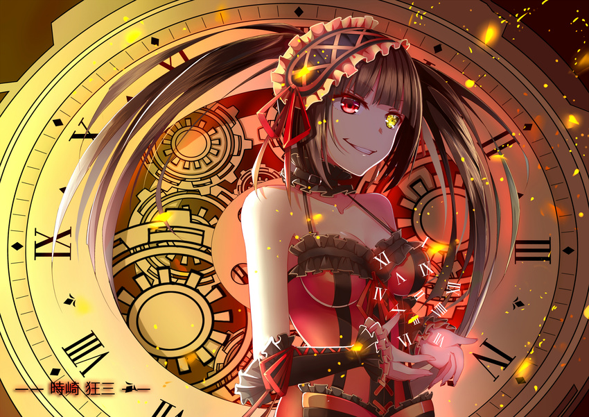 bare_shoulders black_hair character_name clockwork collar corset cross-laced_clothes date_a_live detached_collar dress frilled_collar frills gears gothic_lolita grin hairband heterochromia highres lolita_fashion lolita_hairband long_hair red_dress red_eyes red_ribbon rhode ribbon roman_numerals sleeveless sleeveless_dress smile solo tokisaki_kurumi twintails wrist_cuffs yellow_eyes