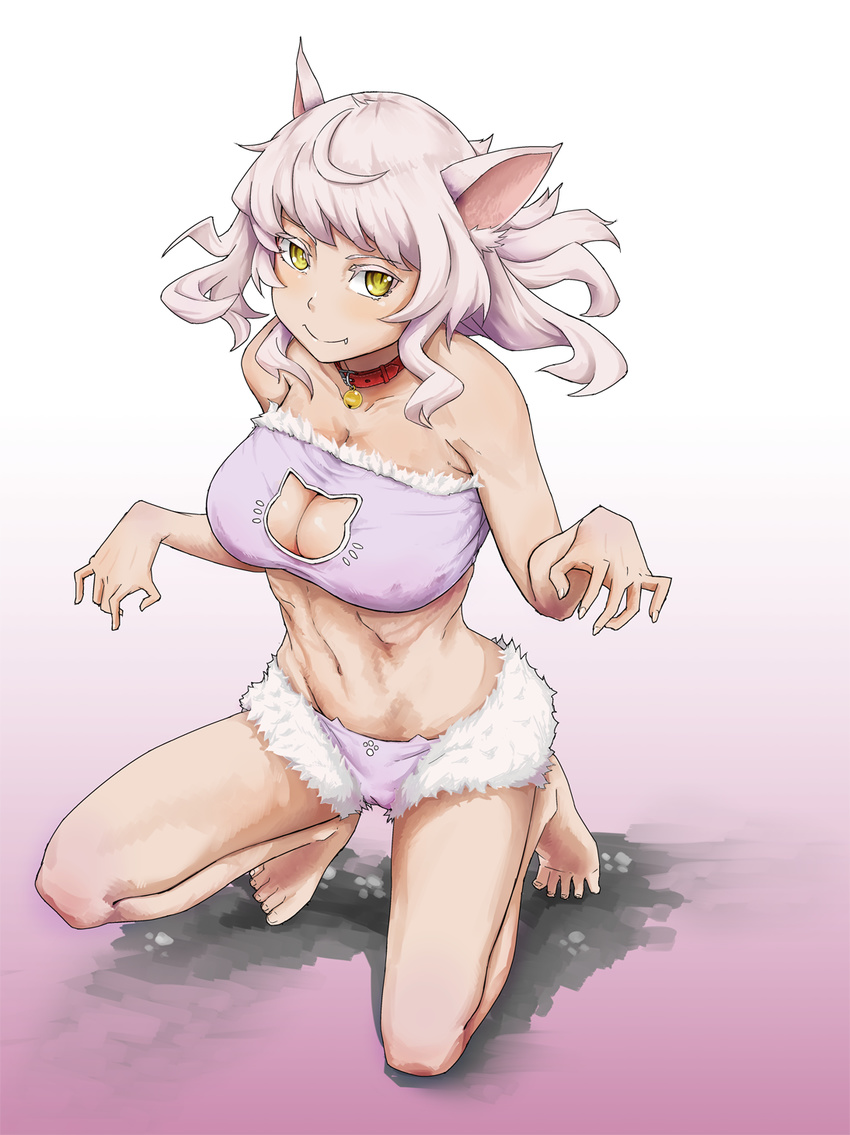 bancha bell black_hanekawa breasts cat_cutout cat_ear_panties cat_lingerie cleavage_cutout fur_trim hanekawa_tsubasa highres jingle_bell kneeling large_breasts meme_attire monogatari_(series) navel panties short_hair underwear underwear_only white_hair yellow_eyes