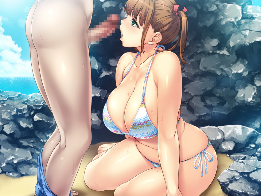 beach belly bikini breasts censored collarbone day green_eyes hair_ribbon large_breasts lips marshmallow_imouto_succubus mosaic_censoring navel nude ocean open_mouth penis plump ribbon sand short_hair side-tie_bikini sitting solo_focus sumeragi_kohaku swimsuit tsukikawa_saki