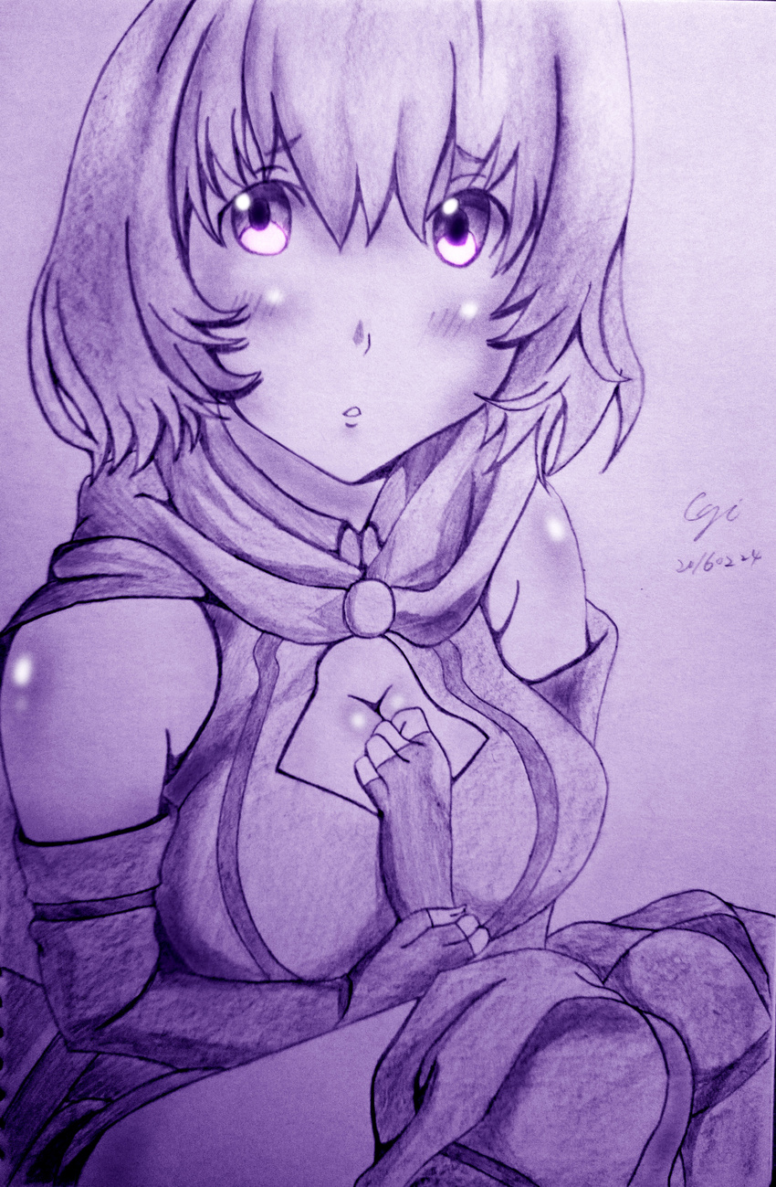 absurdres bad_id bad_pixiv_id blush breasts cape cleavage cleavage_cutout cyicheng dated fingerless_gloves gloves hai_to_gensou_no_grimgar hair_between_eyes highres large_breasts looking_at_viewer mechanical_pencil monochrome pencil shihoru_(grimgar) short_hair solo traditional_media
