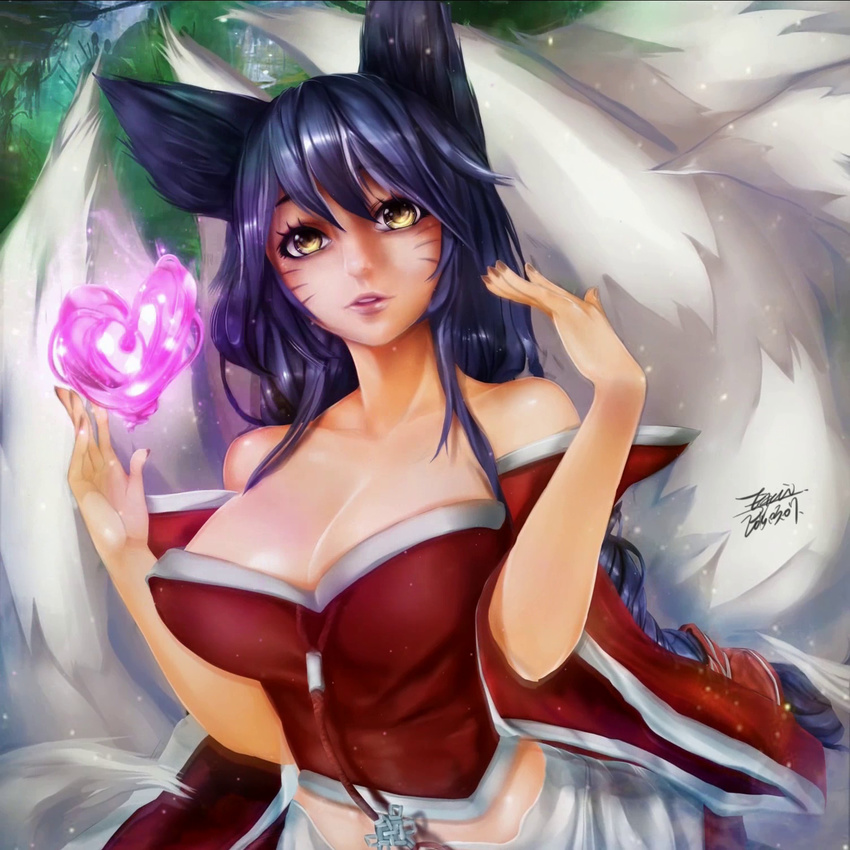 ahri animal_ears blue_hair dress ejami fox fox_ears fox_girl fox_tail heart highres league_of_legends long_hair pitui1996 red_dress solo tail yellow_eyes