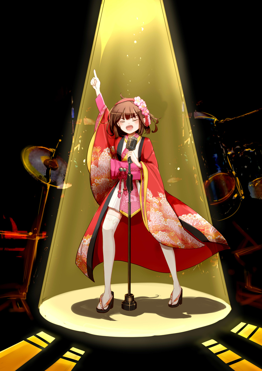 absurdres closed_eyes flower hair_flower hair_ornament hairband highres japanese_clothes kimono microphone microphone_stand ming_qi_bibi music obi open_mouth over-kneehighs pink_hairband pointing pointing_up pose sandals sash saturday_night_fever short_kimono singing solo stage_lights suzumiya_haruhi suzumiya_haruhi_no_yuuutsu thighhighs white_legwear wide_sleeves