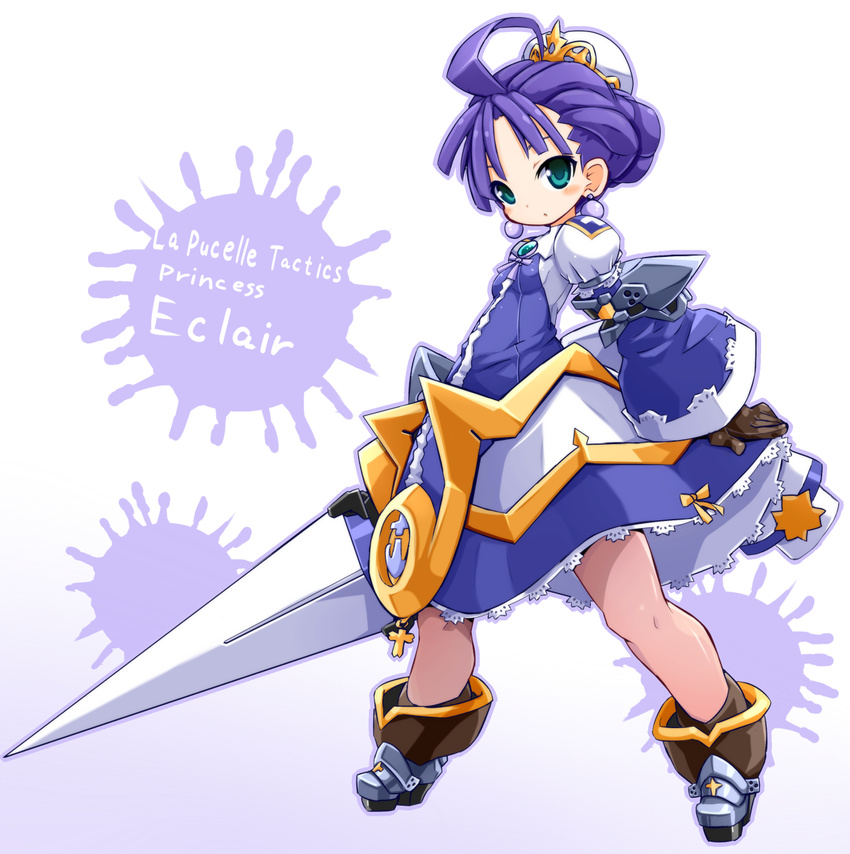 ahoge armor armored_dress brown_gloves character_name copyright_name crown dress earrings eclair_(la_pucelle) expressionless full_body gloves green_eyes hair_bun highres jewelry karukan_(monjya) la_pucelle looking_at_viewer purple_hair shoes short_hair solo standing sword weapon white_background