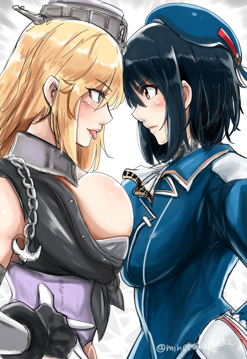 :p beret black_hair blonde_hair blue_eyes breast_contest breast_press breasts confrontation duralu500 eye_contact face-to-face fingerless_gloves gloves hat highres iowa_(kantai_collection) kantai_collection large_breasts long_hair looking_at_another military military_uniform multiple_girls red_eyes short_hair symmetrical_docking takao_(kantai_collection) tongue tongue_out uniform