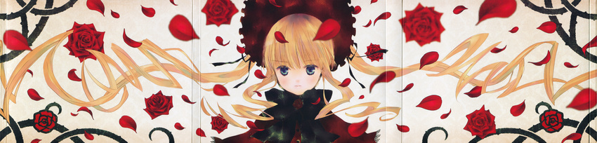 absurdres bangs blonde_hair blue_eyes bonnet bow dress flower frills highres incredibly_absurdres lolita_fashion long_hair long_image looking_at_viewer official_art peach-pit red_flower red_rose rose rozen_maiden scan serious shinku solo thorns twintails wide_image