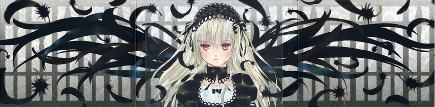 absurdres bangs black_wings dress feathered_wings feathers frills gothic_lolita hairband highres lolita_fashion lolita_hairband long_hair long_image looking_at_viewer official_art peach-pit rozen_maiden scan serious silver_hair solo suigintou wide_image wings