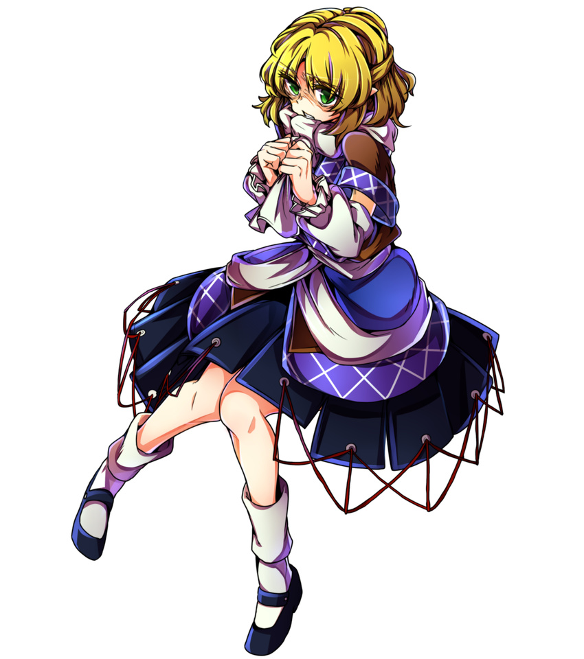 arm_warmers baba_(baba_seimaijo) blonde_hair clenched_teeth full_body green_eyes highres looking_at_viewer mary_janes mizuhashi_parsee pointy_ears scarf shaded_face shirt shoes short_hair short_sleeves skirt socks solo tachi-e teeth touhou transparent_background white_legwear