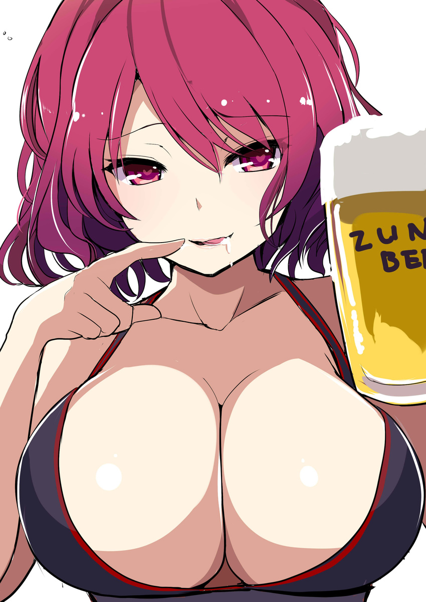 absurdres alcohol amisu beer beer_mug black_bra blush bra breasts cleavage collarbone cup fingers_to_mouth heart heart-shaped_pupils highres holding holding_cup horikawa_raiko large_breasts licking_lips open_mouth red_eyes red_hair short_hair simple_background smile solo symbol-shaped_pupils tongue tongue_out touhou underwear white_background zun_(reference)