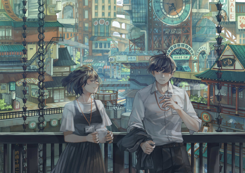 1boy 1girl against_railing architecture bangs belt black_dress brown_hair building cigarette cityscape clock commentary_request cup dress east_asian_architecture eyes_closed highres holding holding_cigarette holding_cup id_card jacket jacket_removed mug original railing salaryman scenery shirt short_hair sleeveless sleeveless_dress smoke smoking sophie_usui steam white_shirt