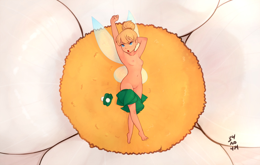areolae artist_name barefoot blonde_hair blue_eyes breasts disney feet frown lipstick makeup navel nipples peter_pan_(disney) pointy_ears pussy sitting spread_toes tinker_bell_(disney) toes undressing wings