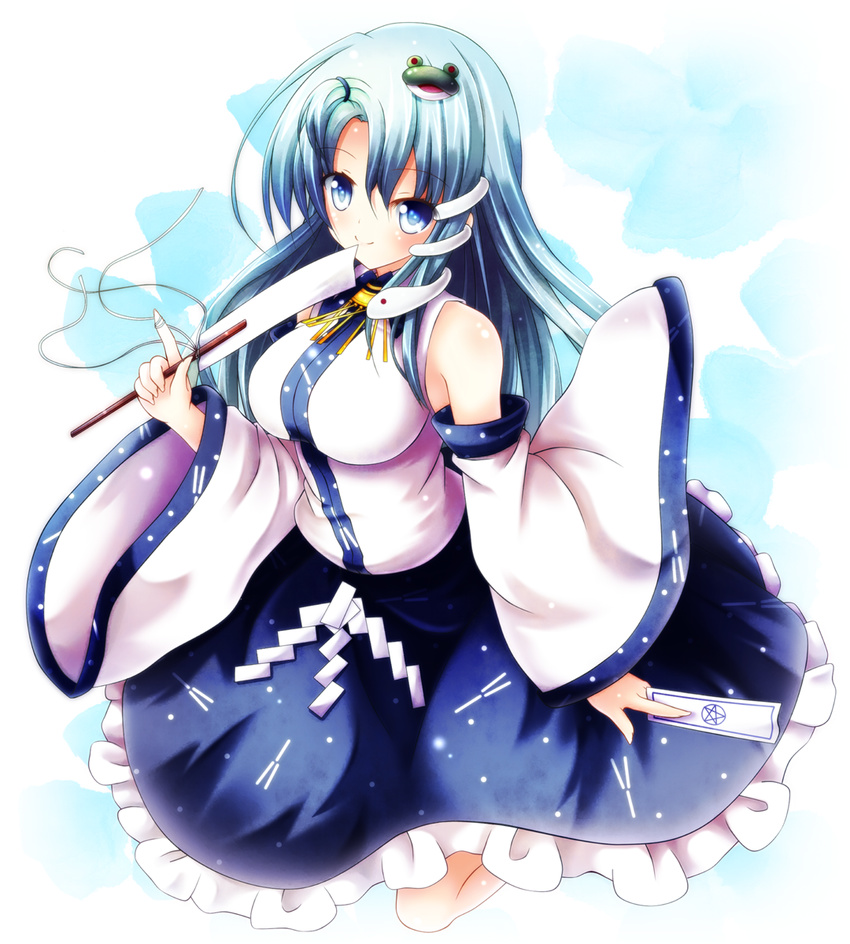 aqua_hair blue_eyes breasts detached_sleeves frog_hair_ornament gohei hair_ornament highres kochiya_sanae large_breasts long_hair long_sleeves osashin_(osada) shirt skirt smile snake_hair_ornament solo spell_card touhou very_long_hair wide_sleeves