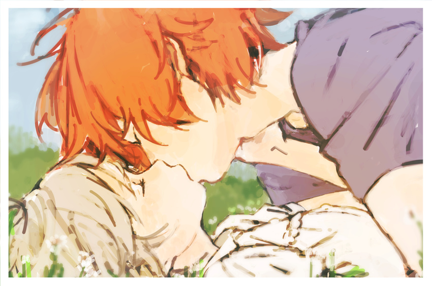 2boys bandoutan blonde_hair child grass haru_(tsuritama) kiss male_focus multiple_boys outdoors red_hair sanada_yuki short_hair tsuritama yaoi