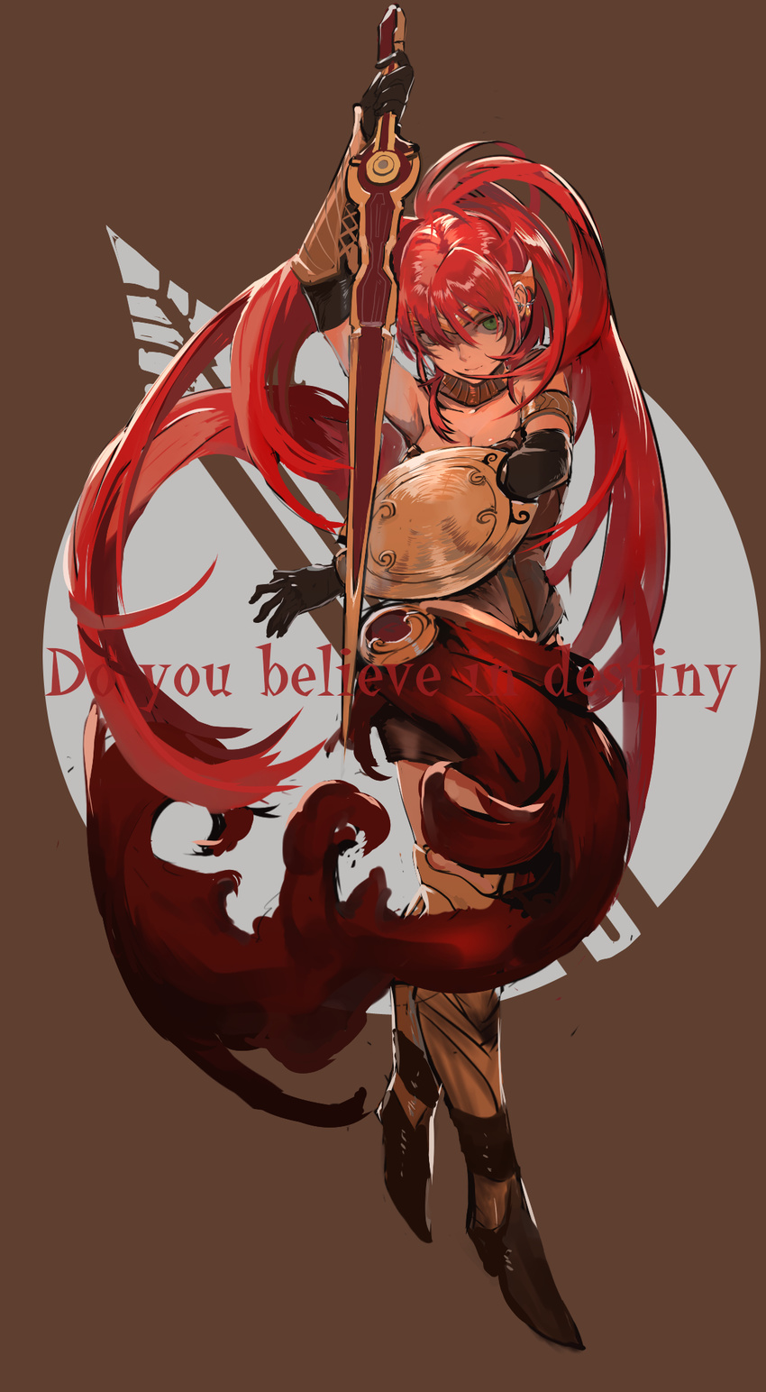 armlet armor bare_shoulders black_gloves boots brown_background buckler elbow_gloves english forehead_protector gloves gorget greaves green_eyes hair_over_eyes high_heel_boots high_heels highres long_hair nuda pyrrha_nikos red_hair rwby sarong shield solo spoilers sword symbol vambraces very_long_hair weapon xiphos_(sword)