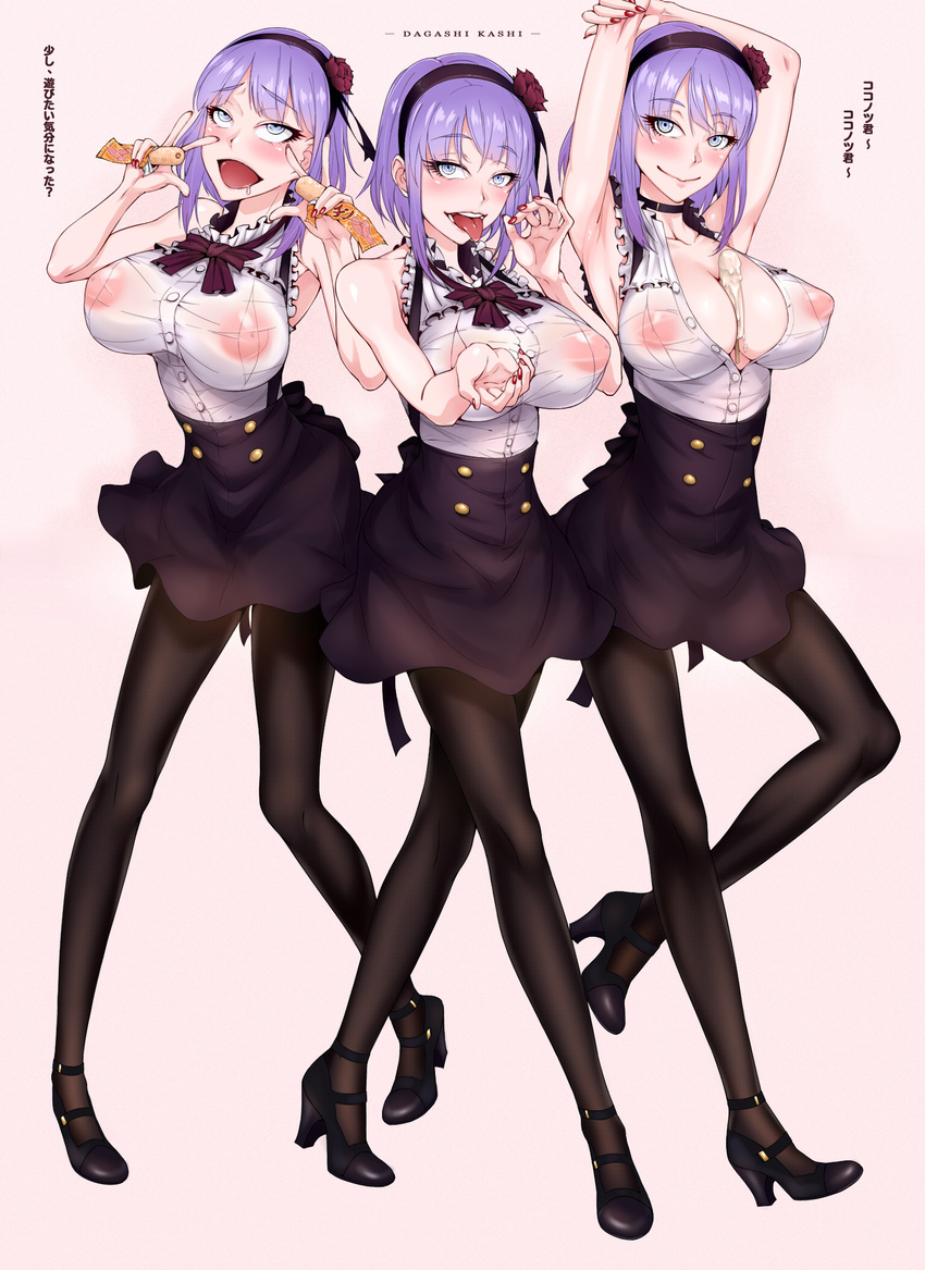 ahegao arms_up between_breasts black_legwear blue_eyes blush breasts cleavage covered_nipples cupping_hand dagashi_kashi double_v fellatio_gesture flower food frills hair_flower hair_ornament hair_ribbon hairband high-waist_skirt highres inverted_nipples large_breasts looking_at_viewer no_bra oishinbo open_mouth pantyhose popsicle purple_hair ribbon ringed_eyes rose see-through sexually_suggestive shidare_hotaru short_hair shoujo_donburi skirt smile solo strappy_heels suspender_skirt suspenders thighband_pantyhose tongue tongue_out translation_request umaibou v